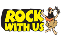 A logo for rock with us with a caveman on it