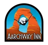 The logo for the aarchway inn shows a person riding a horse through a rock formation.