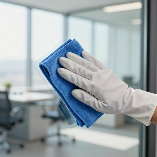 Gloved hand wiping an office surface with a blue cloth in a bright conference room