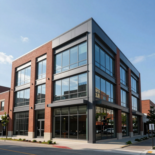 Modern two-story corner office building with brick and glass exterior on a sunny street corner