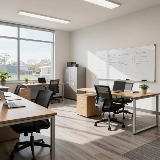 Bright, modern office with desks, chairs, laptops, whiteboard, and filing cabinet in sunlight.