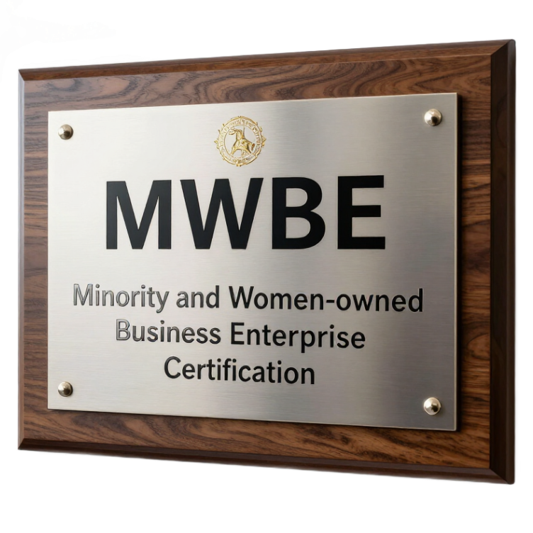 MWBE Minority and Women-owned Business Enterprise Certification plaque on wood background