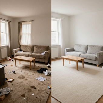 Side-by-side living room clean-up comparison: cluttered carpet on left, tidy beige rug and sofa on right.