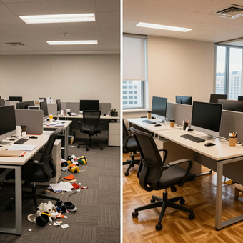 Office before-and-after: messy cubicles on the left, clean desks and chairs on the right.