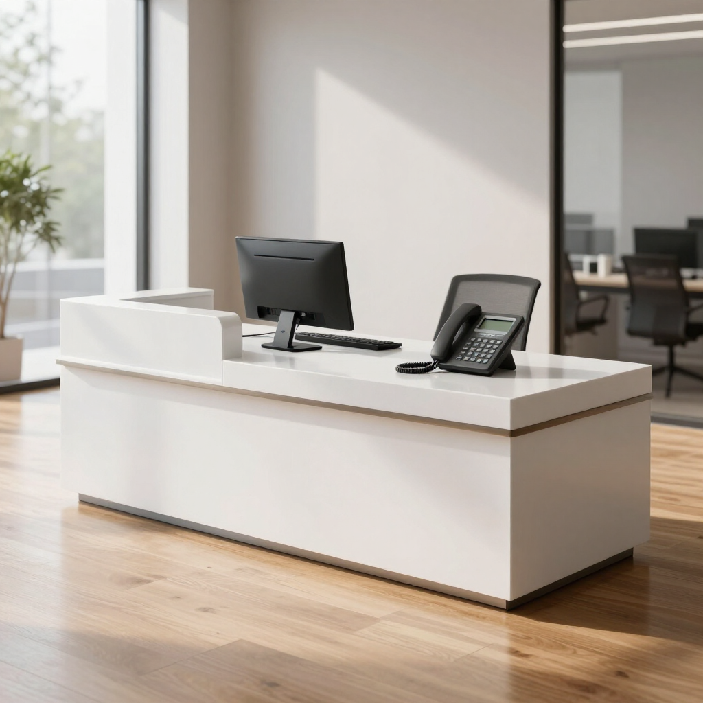 Modern white reception desk with computer monitor and phone in a bright office lobby