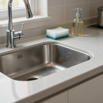 Stainless steel kitchen sink with chrome faucet beside a countertop sponge and soap dispenser