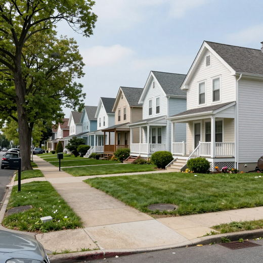 Quiet suburban street with row of white houses, green lawns, and a sidewalk under a cloudy sky