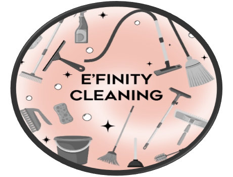 Pink oval logo reading “E’FINITY CLEANING,” with gray cleaning tools around it.