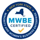 New York State MWBE Certified logo with blue circular seal and orange check mark