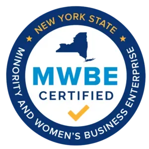 New York State MWBE Certified logo with blue circular seal and orange check mark