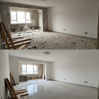 Before-and-after view of a renovated room, showing unfinished and polished floors with construction debris.
