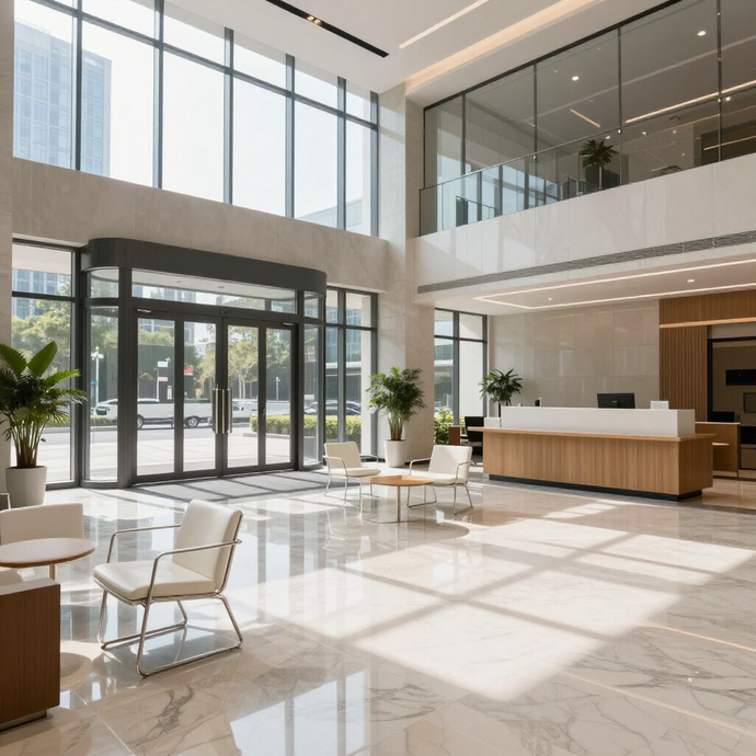 Bright, modern lobby with glass walls, marble floor, reception desk, and lounge chairs in sunlight