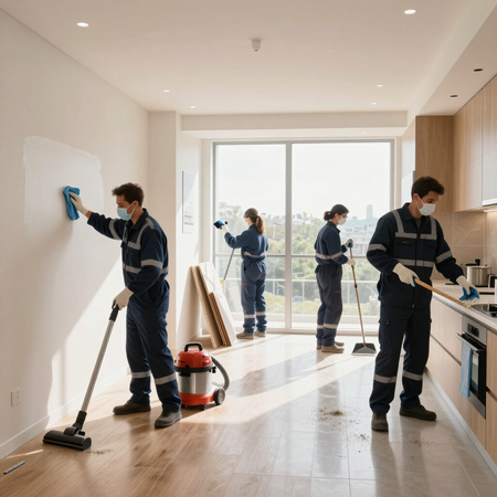 Cleaners in dark uniforms working in a bright modern apartment kitchen and living area.