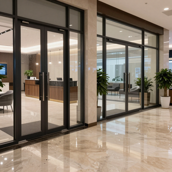 Modern office lobby with glass walls, polished marble floor, and potted plants