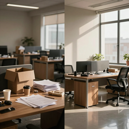 Sunlit modern office with desks, computer monitors, papers, and stacked cardboard boxes