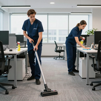 Two office cleaners in navy uniforms vacuuming a bright open-plan office with desks and computers