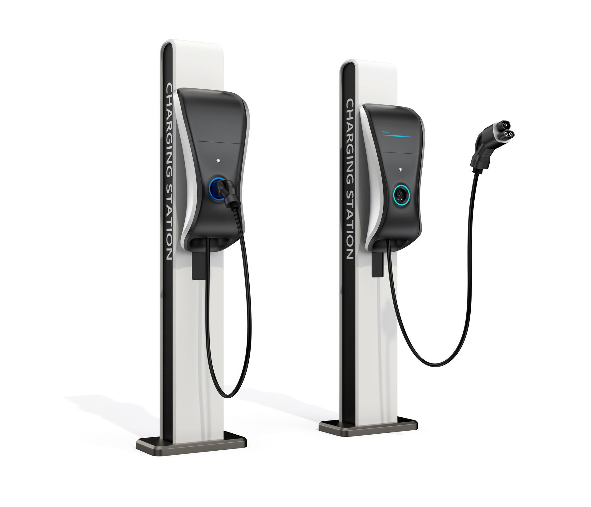 A couple of electric car charging stations on a white background.