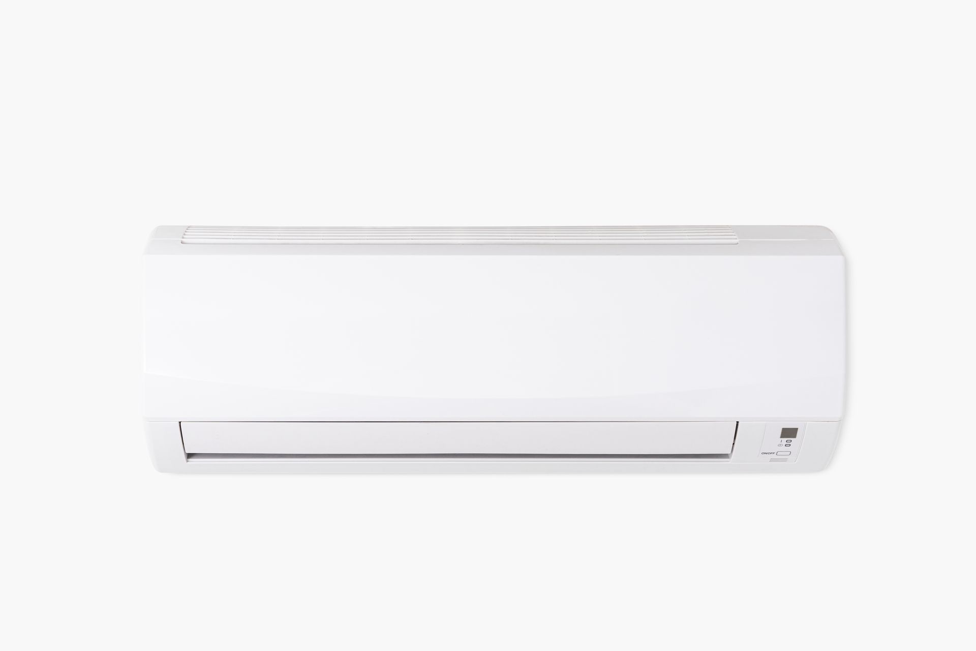 A white wall mounted air conditioner on a white background.