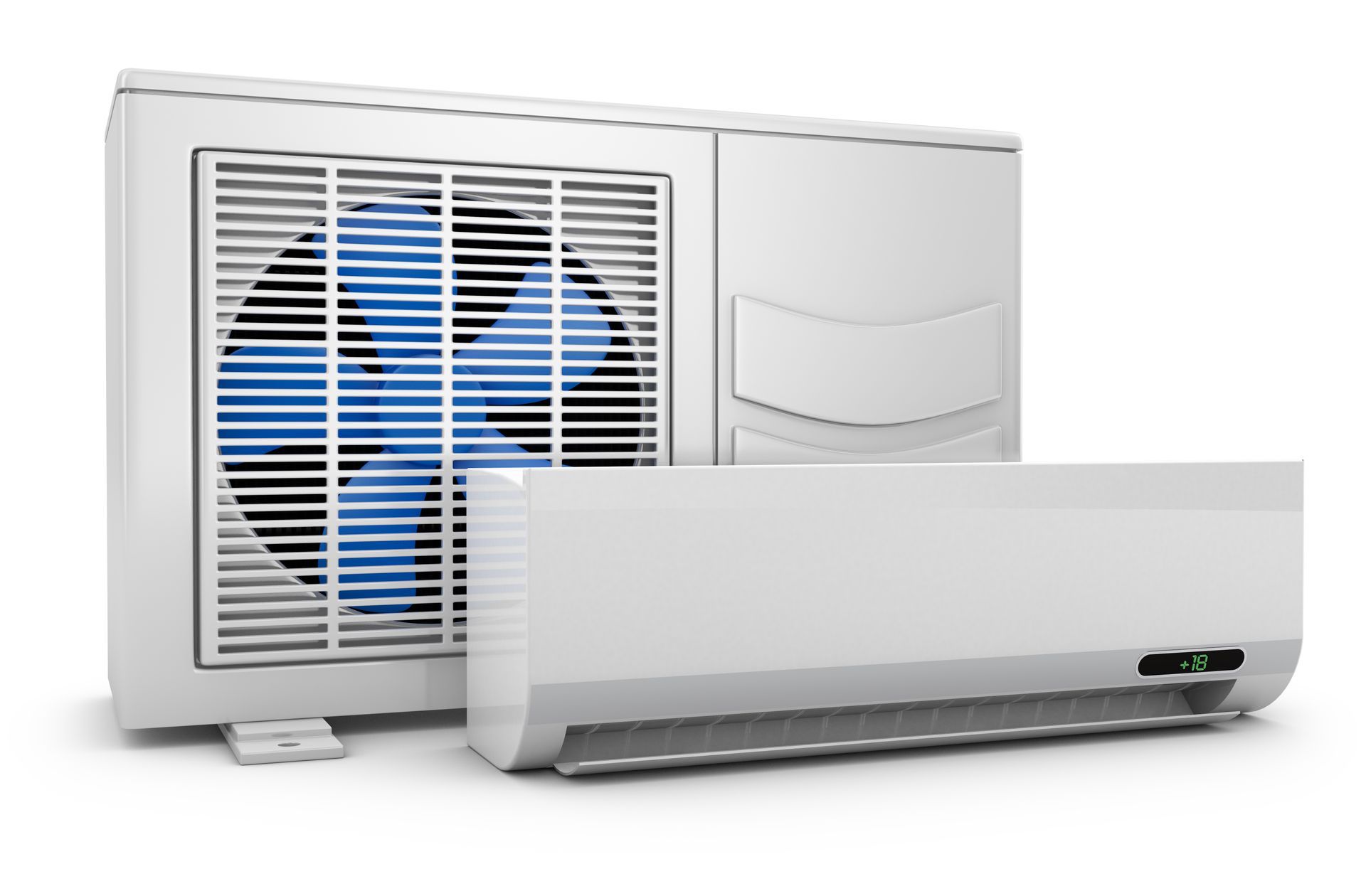 An air conditioner is sitting next to a fan on a white background.