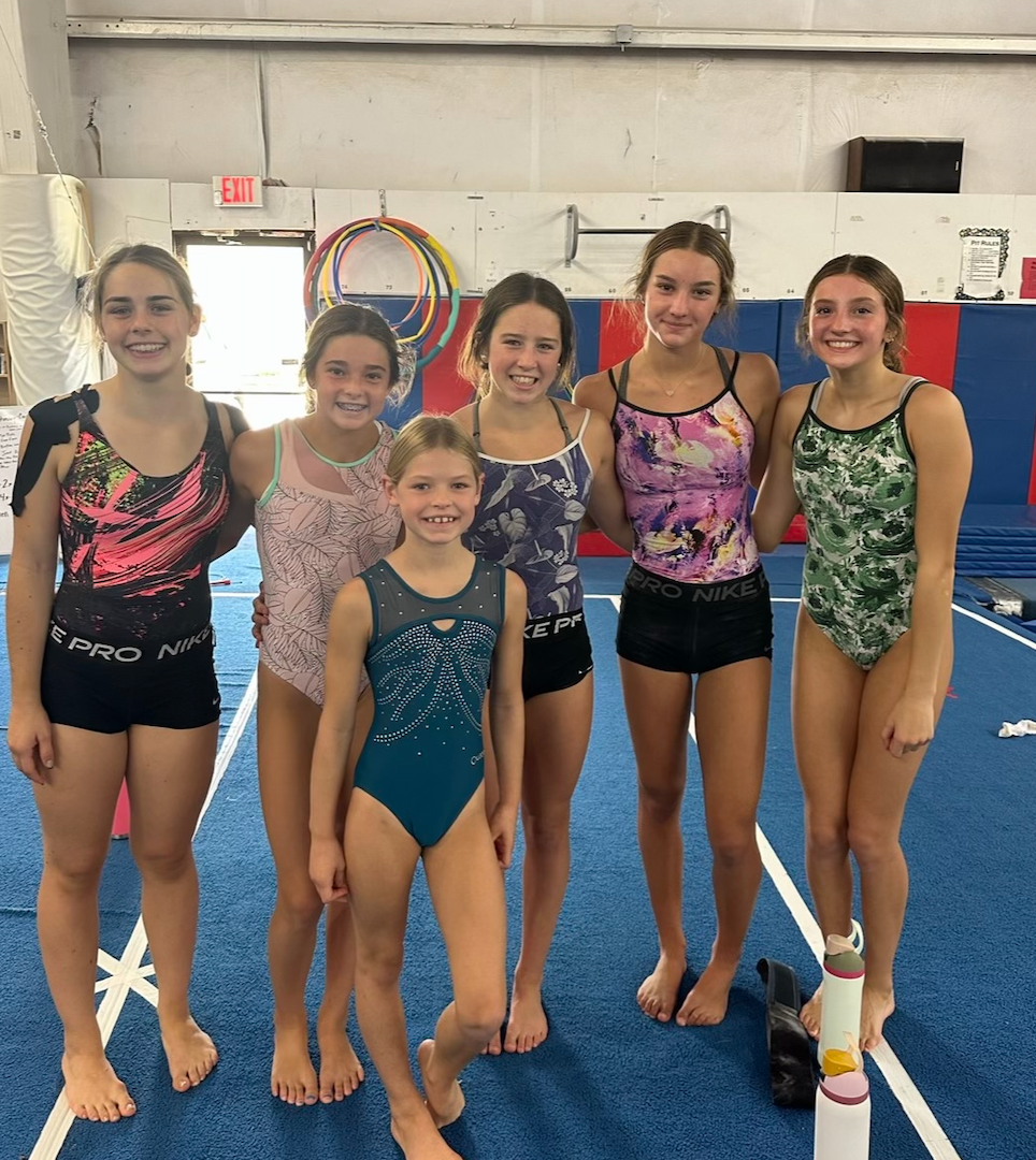 A group of young girls are posing for a picture in a gym