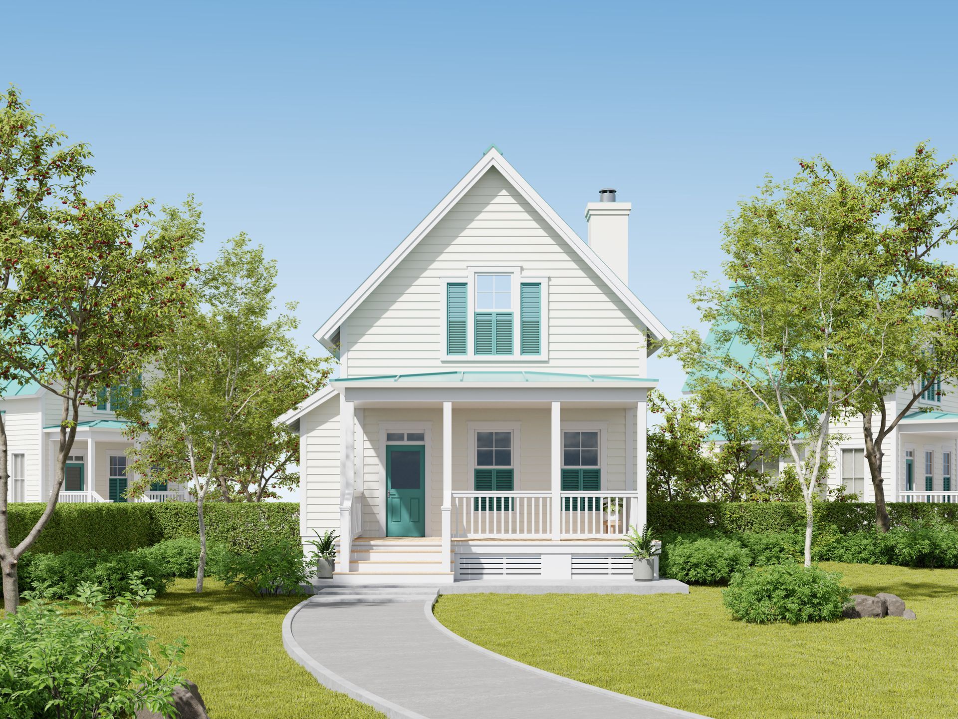 White cottage with green door and shutters, porch, and chimney, on a sunny day.