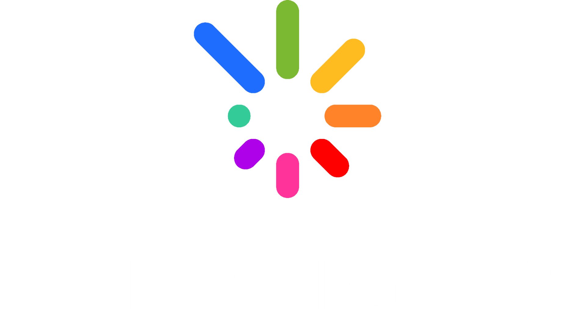 Colorful loading symbol. Blue, green, yellow, orange, red, pink, purple dots rotate around a center point.