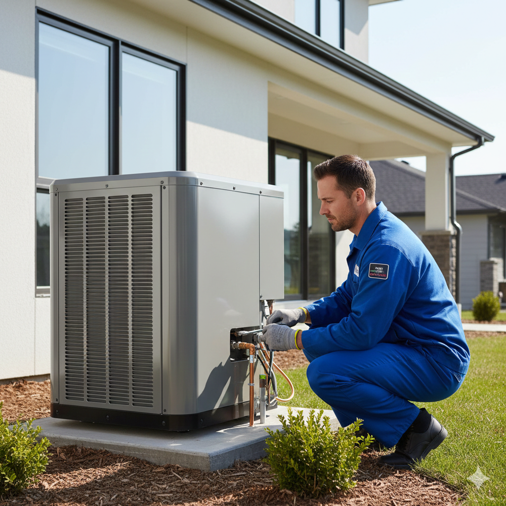 HVAC technician in blue suit inspecting an air conditioning unit outside a house.