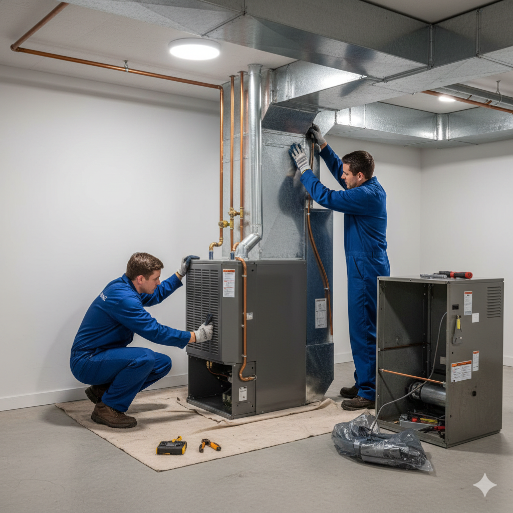 Two technicians in blue coveralls install a furnace in a white room.