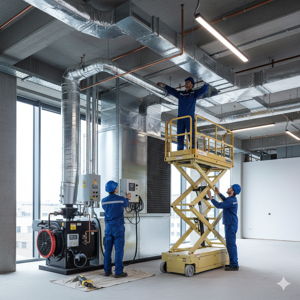 Three workers in blue jumpsuits install HVAC equipment in a modern building. One stands on a lift.