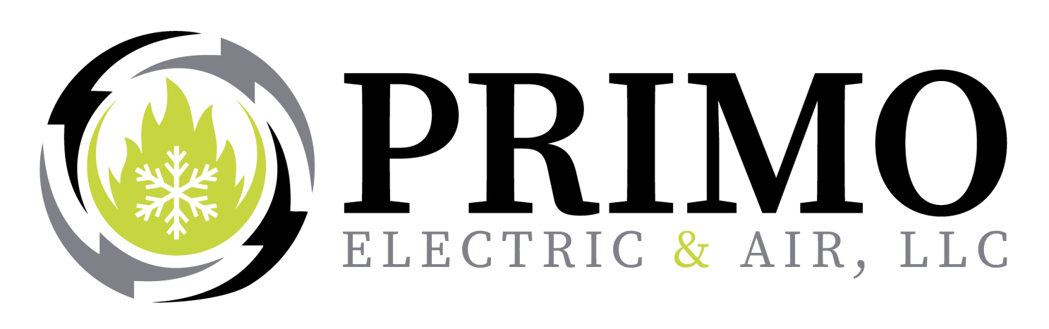 Primo Electric & Air, LLC logo: a green flame/snowflake emblem within swirling grey/black shapes, the name in black font.