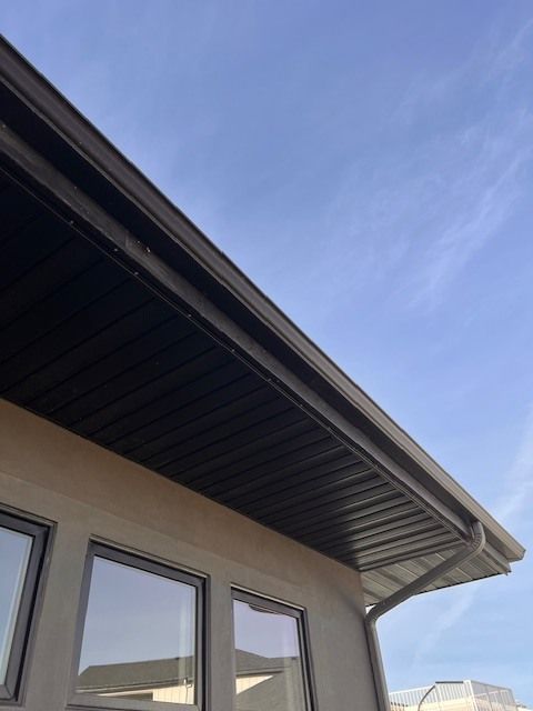 Brown gutters and soffit on a building against a blue sky.
