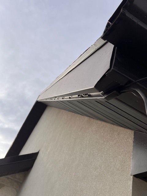 White fascia board and black guttering on a building's roof corner against a cloudy sky.