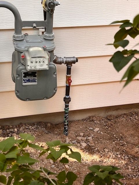 A natural gas meter with associated piping on an exterior wall.