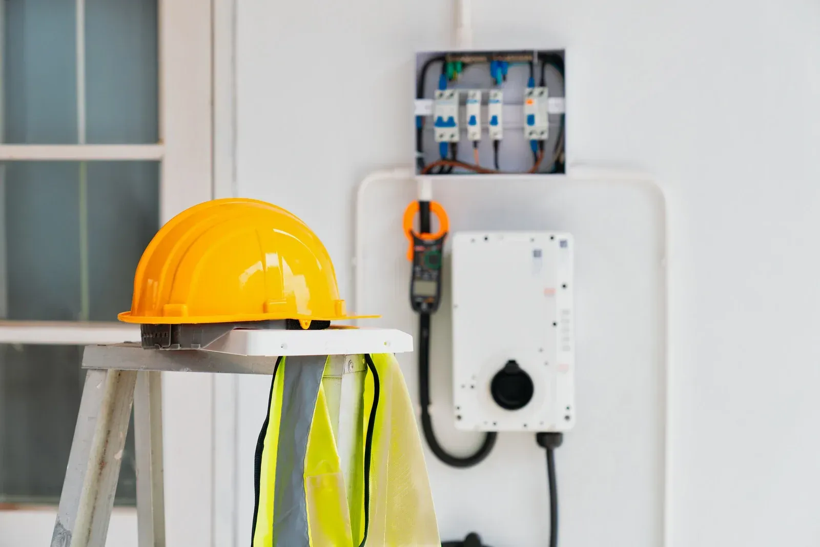 Yellow hard hat and safety vest on a ladder near electrical equipment.