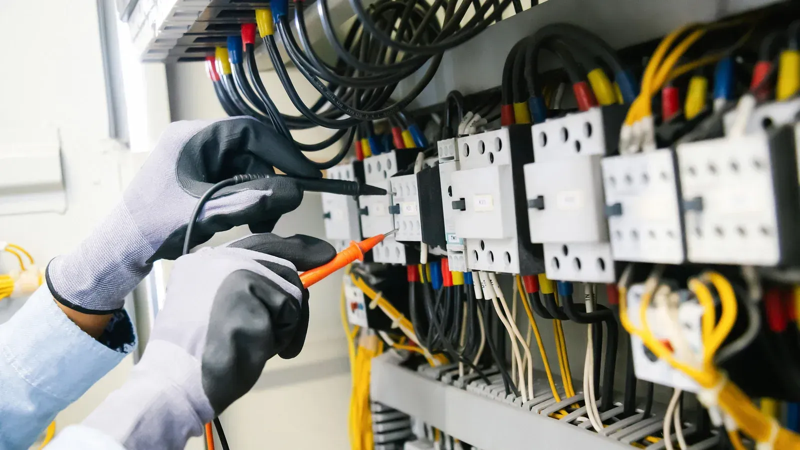 Hands of an electrician with a multimeter testing electrical wiring in a panel.