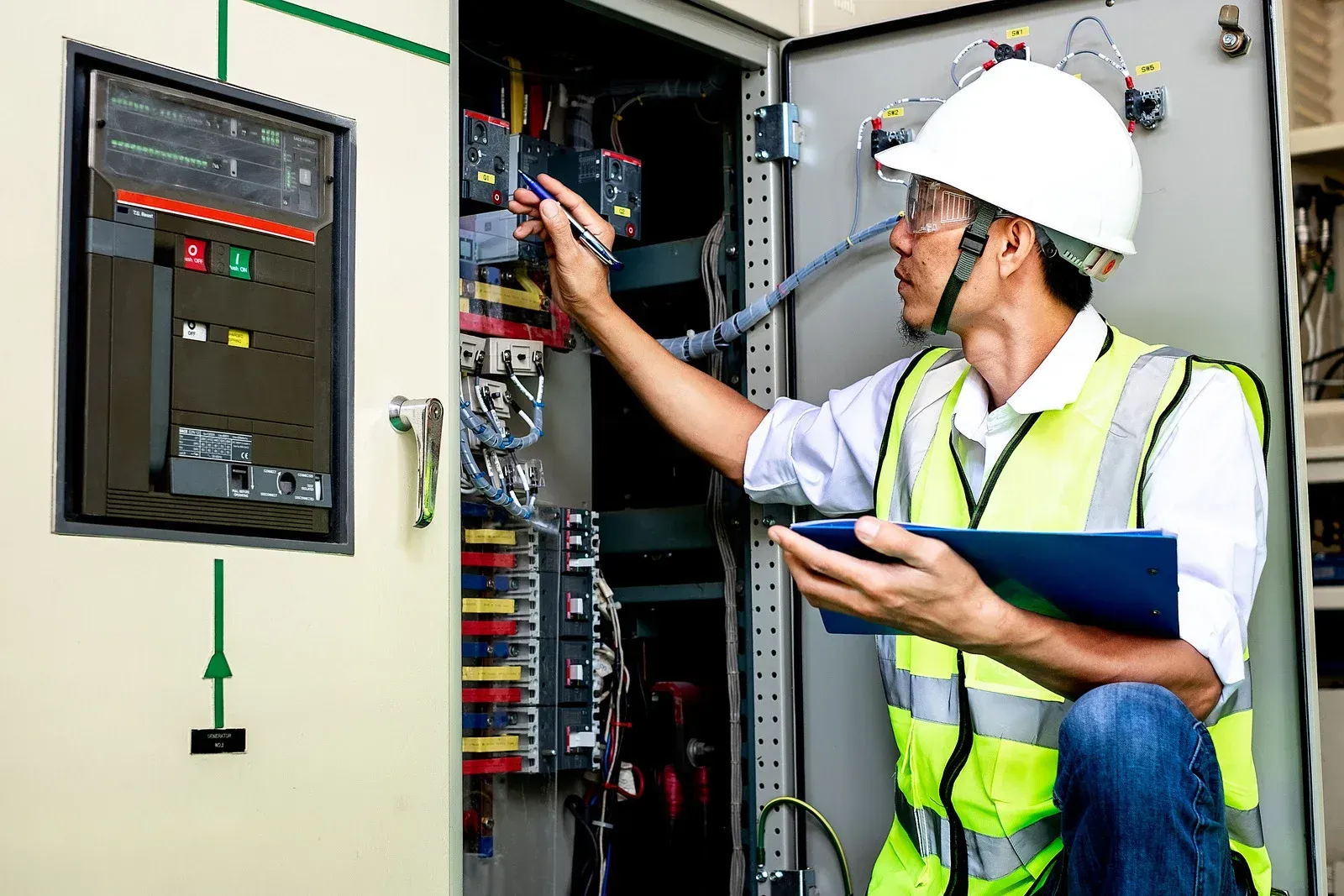 Electrician in a white hard hat and safety vest inspecting electrical panel.