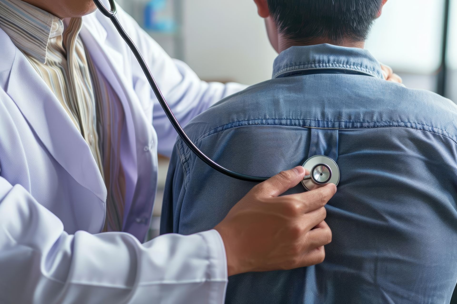 A doctor is listening to a patient 's heart with a stethoscope.