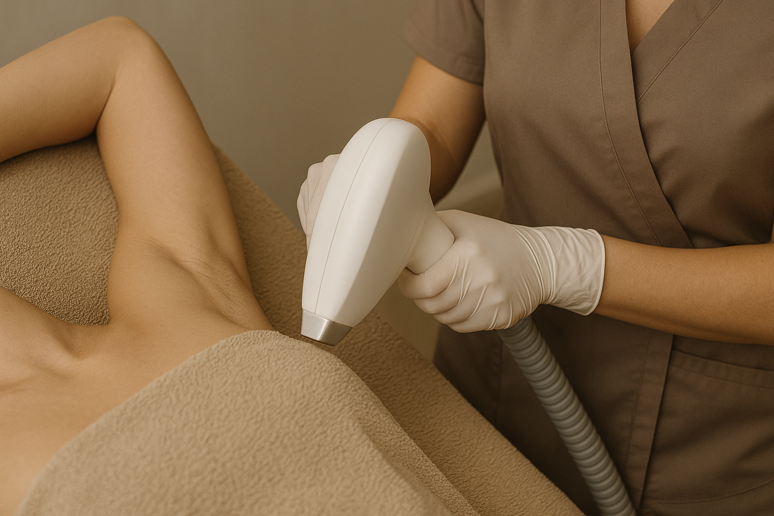 Persoon die laserontharing ondergaat in zijn oksel. Een professional in een labjas houdt het laserapparaat vast.