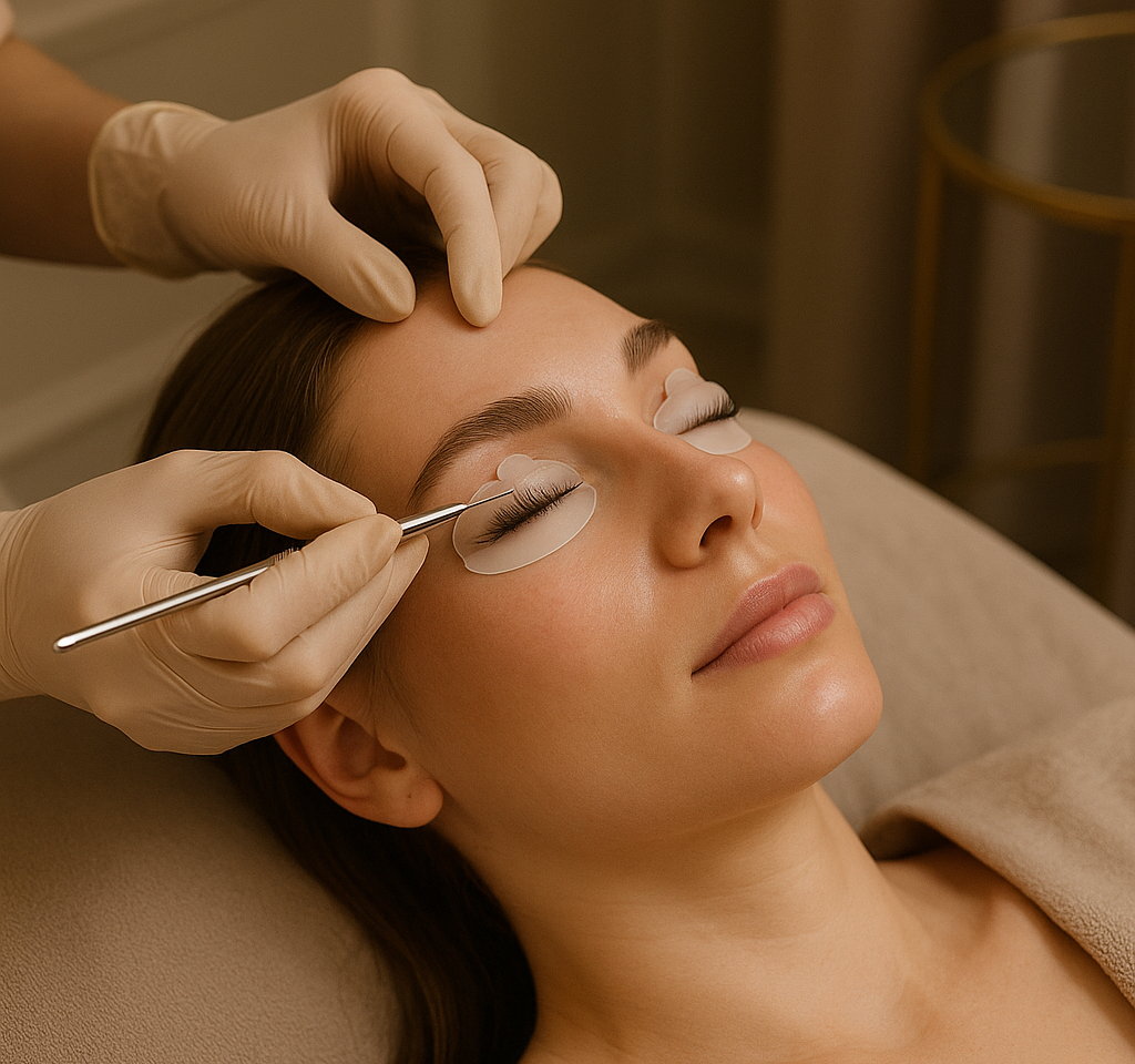 Een vrouw krijgt een wimperbehandeling. Twee gehandschoende handen houden een hulpmiddel bij haar ogen.