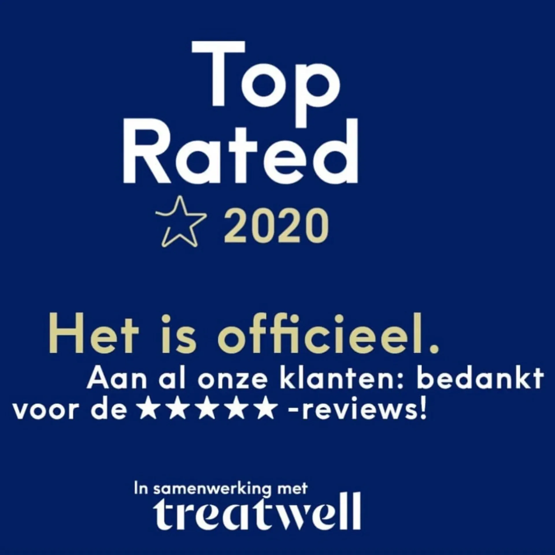Badge met de hoogste beoordeling van Treatwell in 2020. Tekst in wit en goud op een donkerblauwe achtergrond. De tekst luidt: