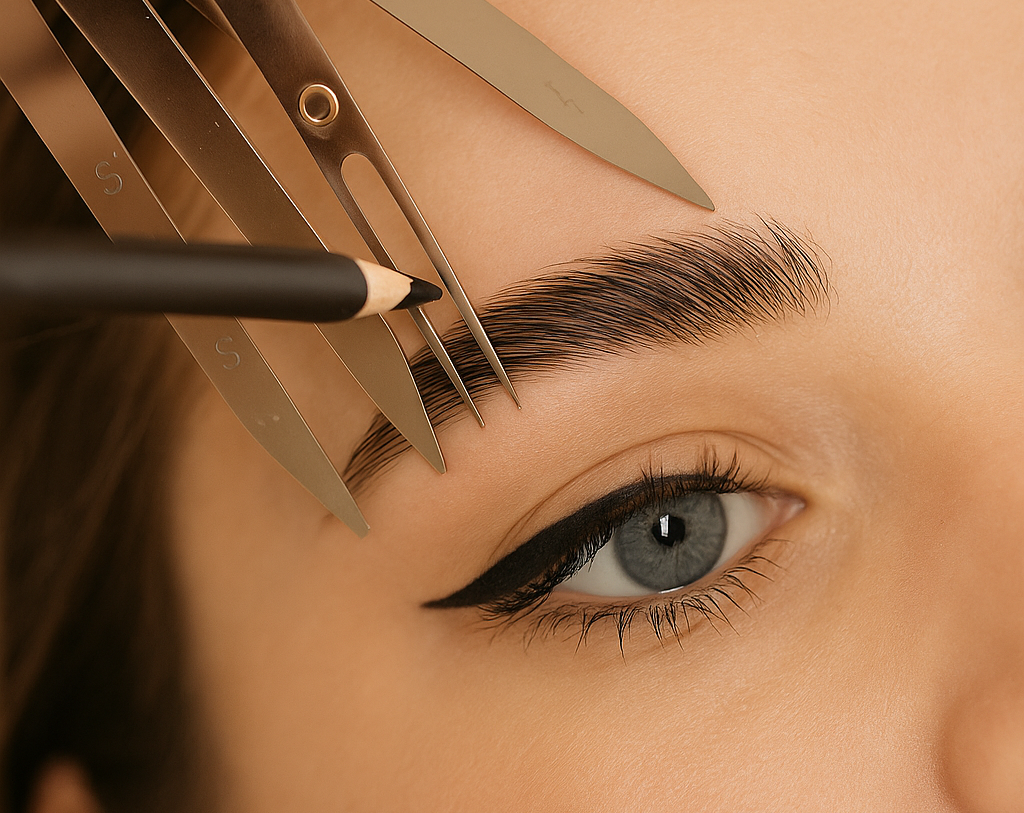 Close-up van de ogen en wenkbrauwen van een vrouw die worden opgemeten voor een cosmetische ingreep.