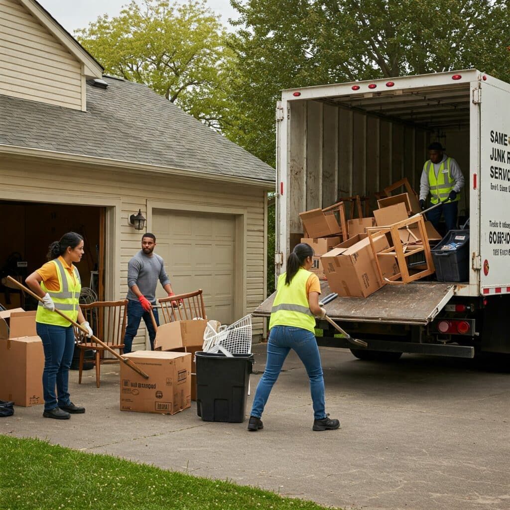 Three people in yellow safety vests load cardboard boxes and furniture into a large white moving truck near a garage.