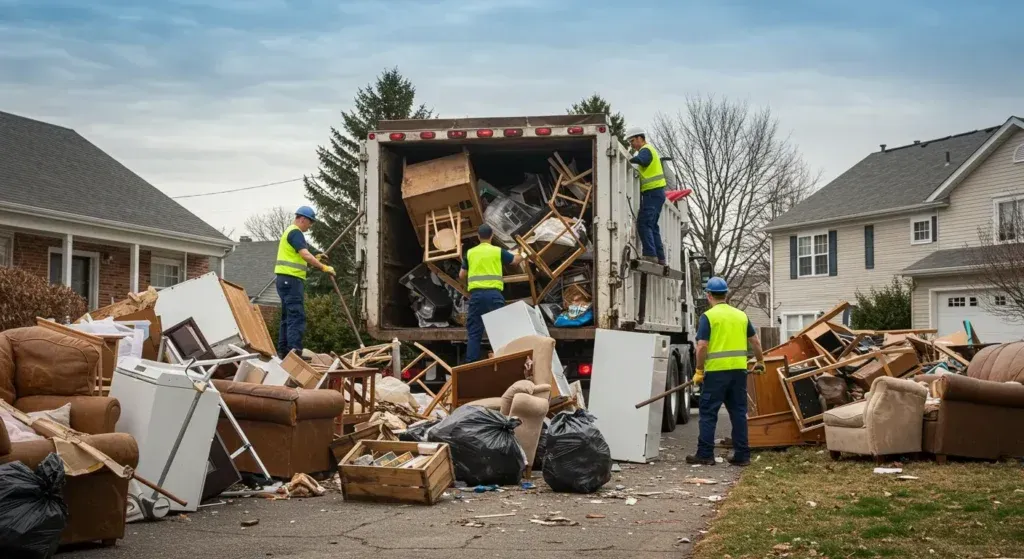 Workers in high-visibility vests load household furniture and debris into a large moving truck on a suburban street.