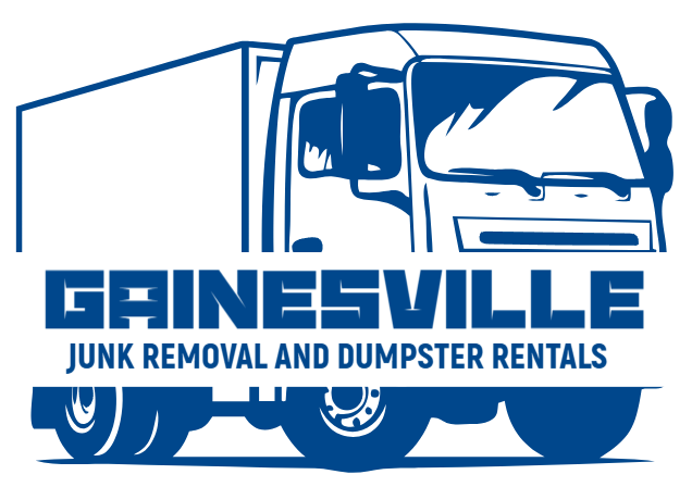 A blue logo for Gainesville Junk Removal and Dumpster Rentals featuring a graphic of a large transport truck.