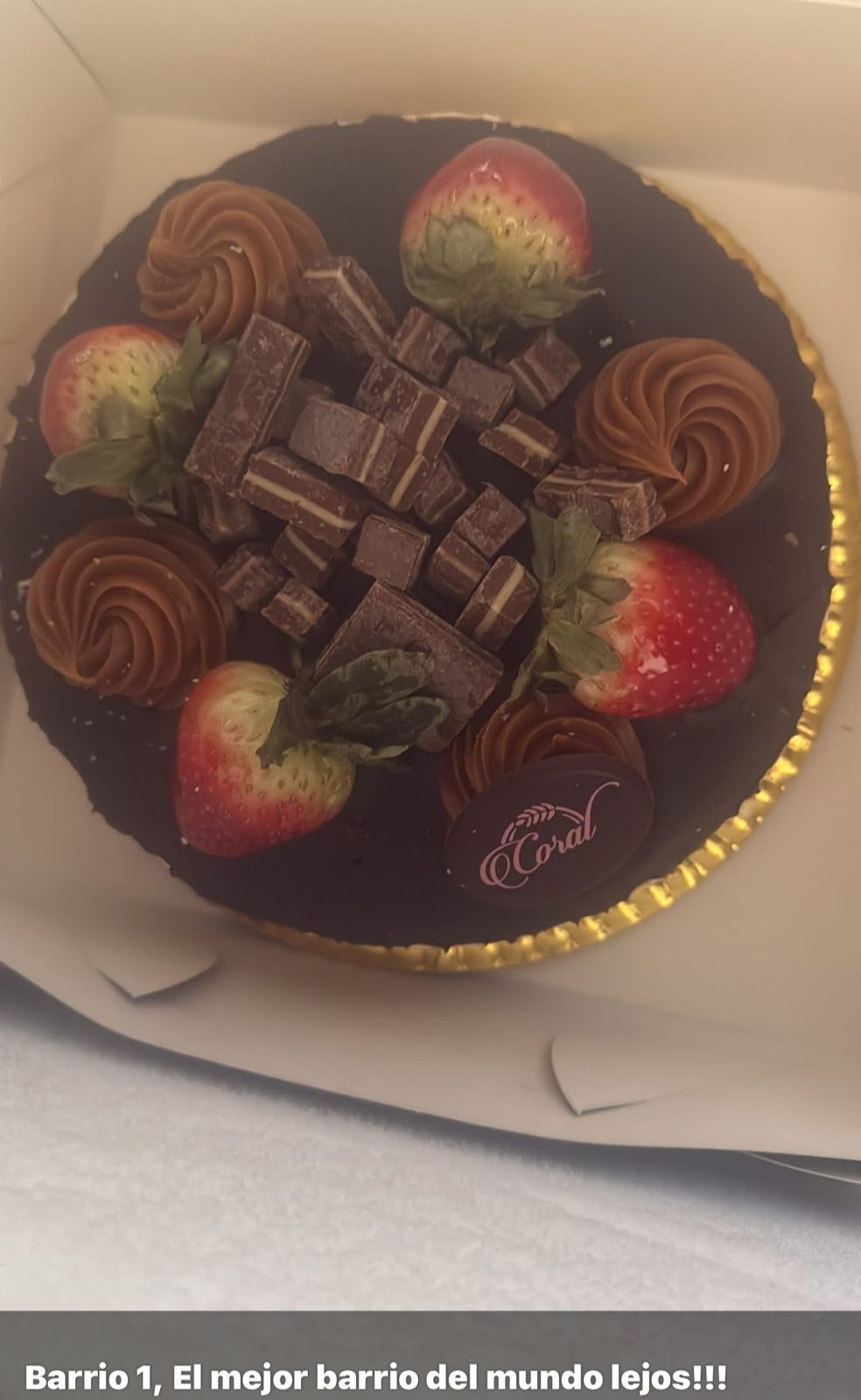 Pastel de chocolate decorado con fresas, trozos de chocolate y remolinos de glaseado.