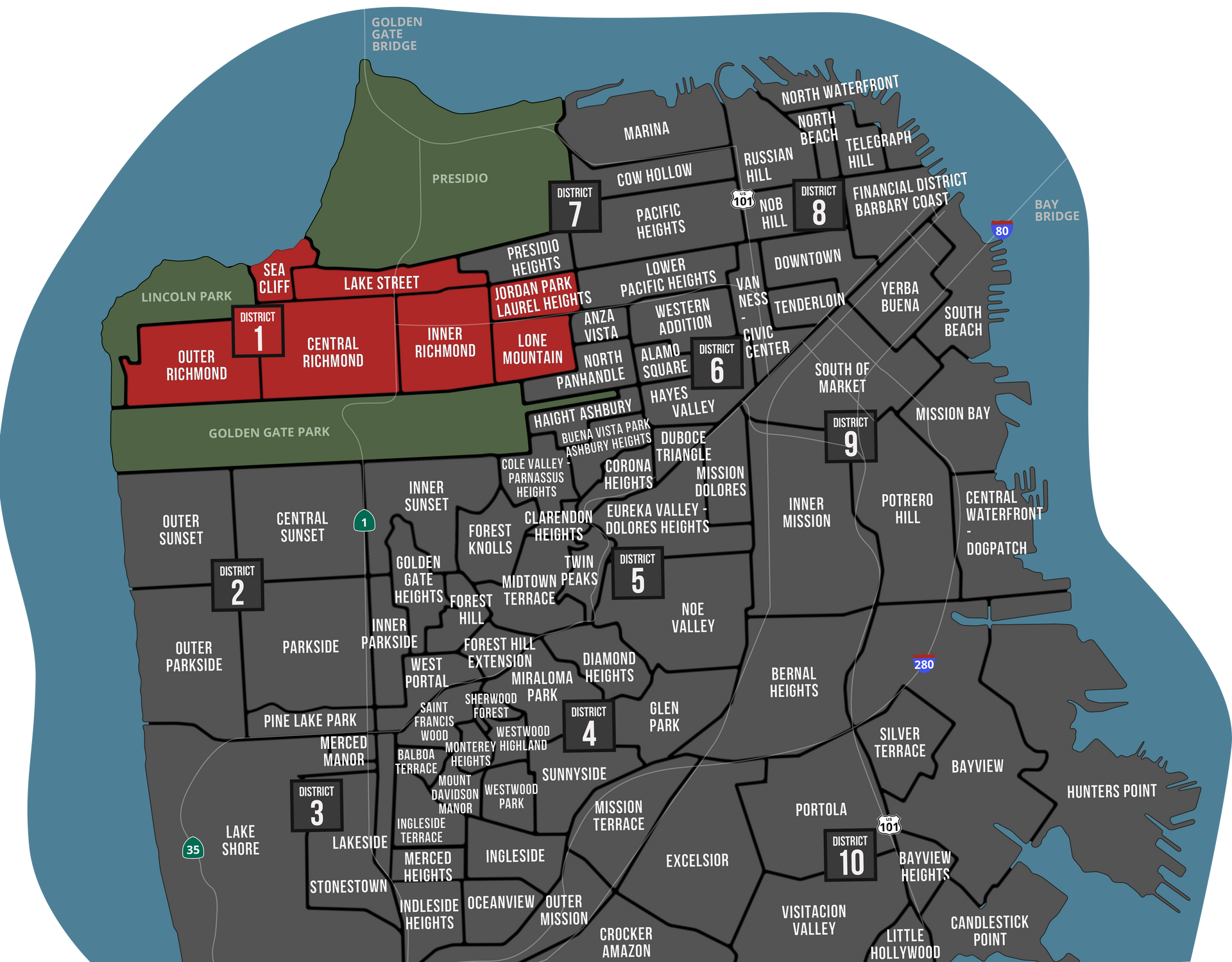A map of san francisco with a green area in the middle