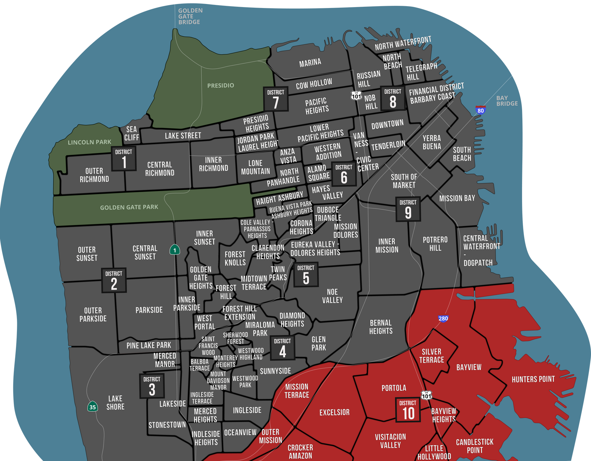 A map of san francisco shows the numbers 1 through 10