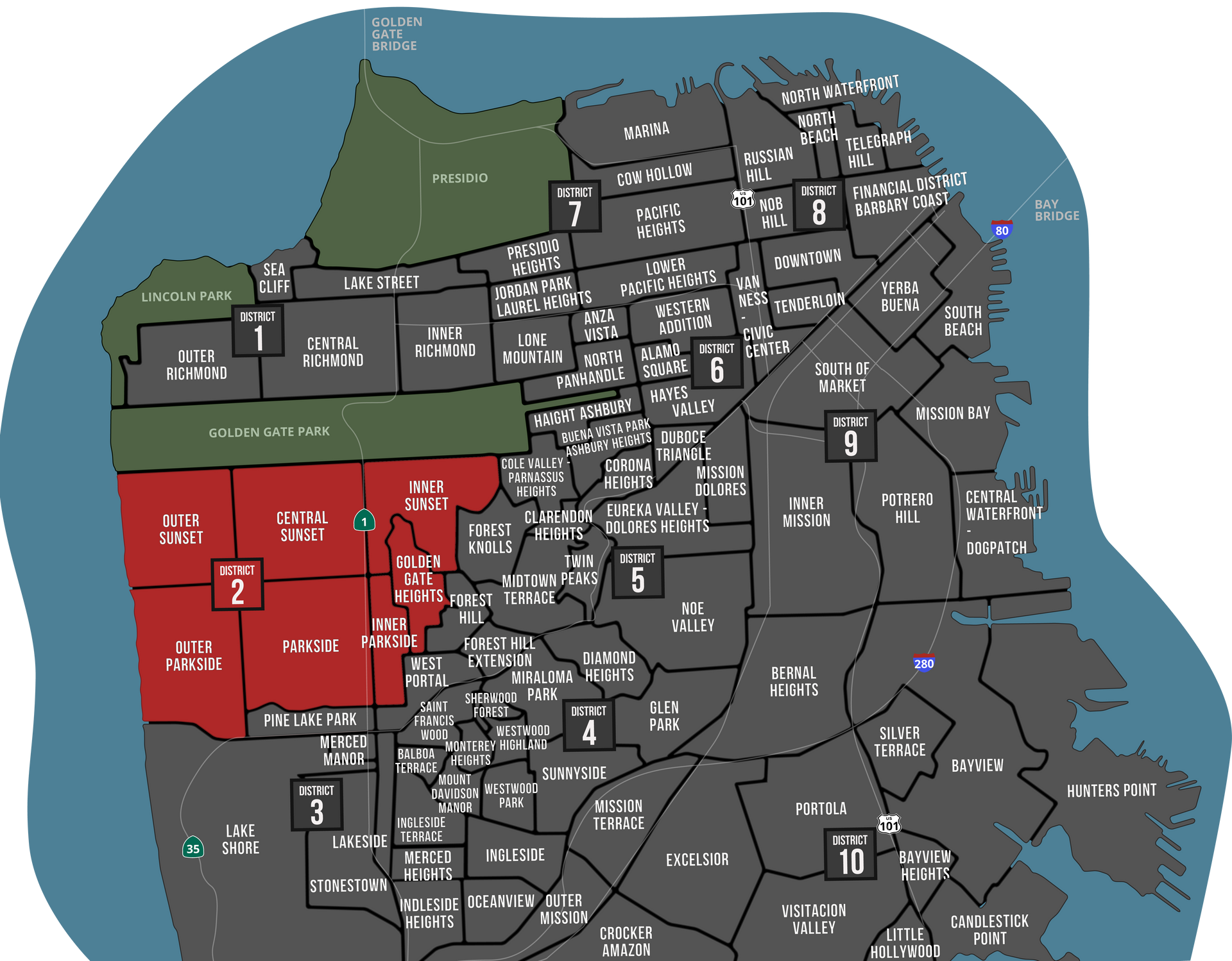 A map of san francisco showing the numbers 1 and 2