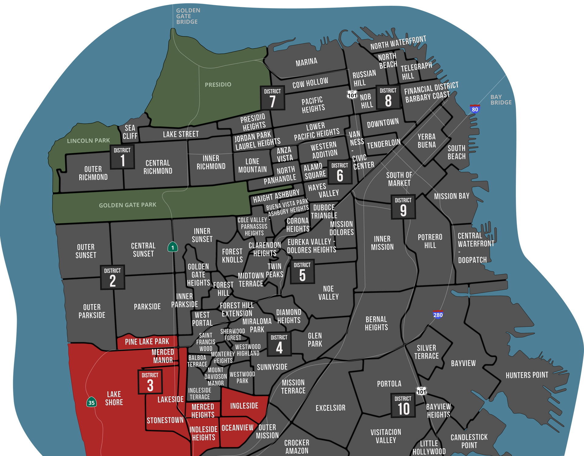A map of the city of san francisco with a red area in the middle
