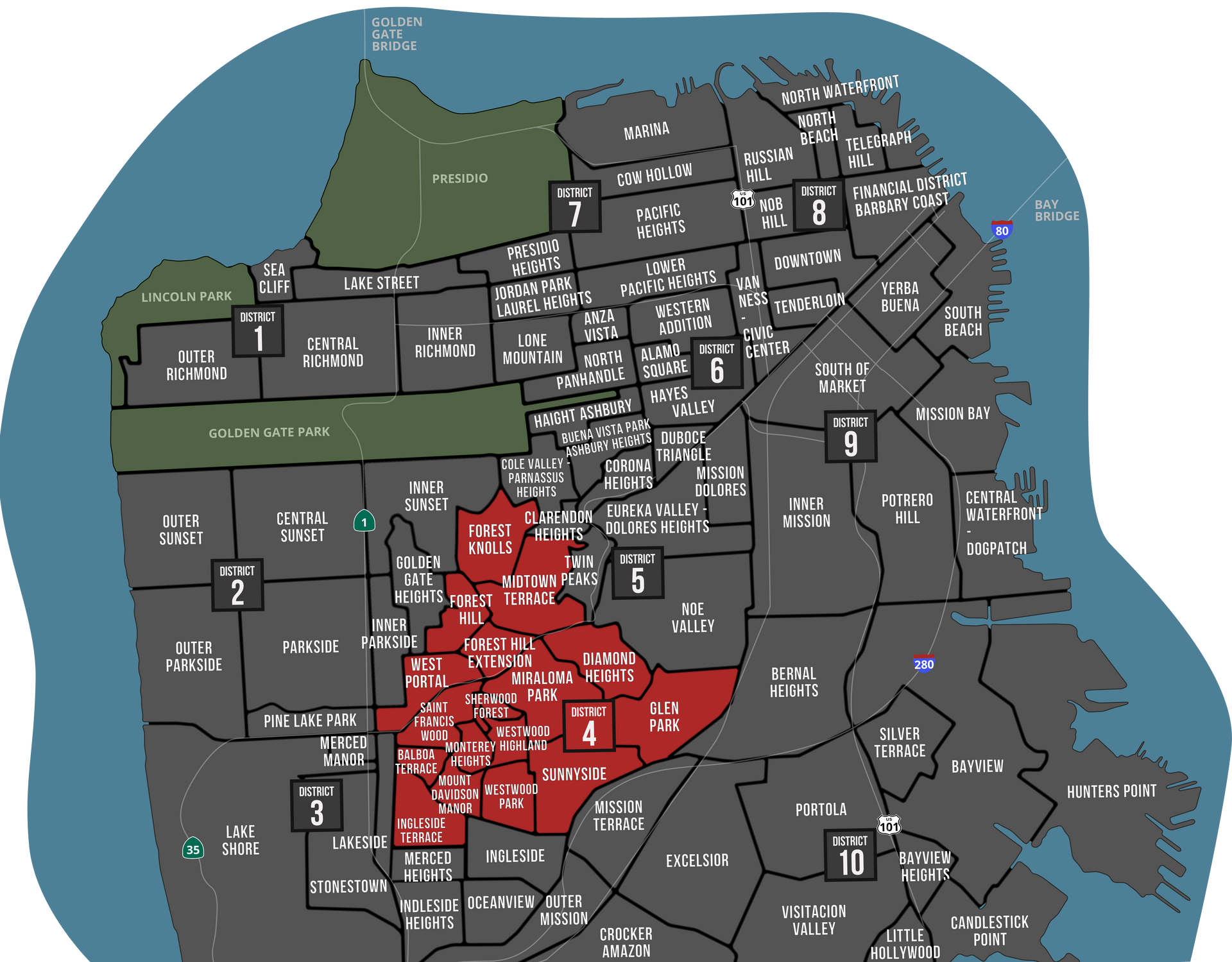 A map of the city of san francisco with a red area in the middle